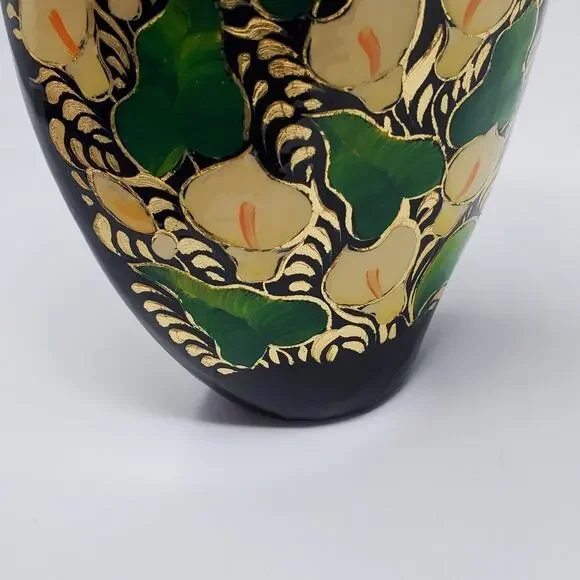 Vintage Black Floral twisted Cloisonné 7" vase Lilly and butterfly hand painted - Picture 2 of 10